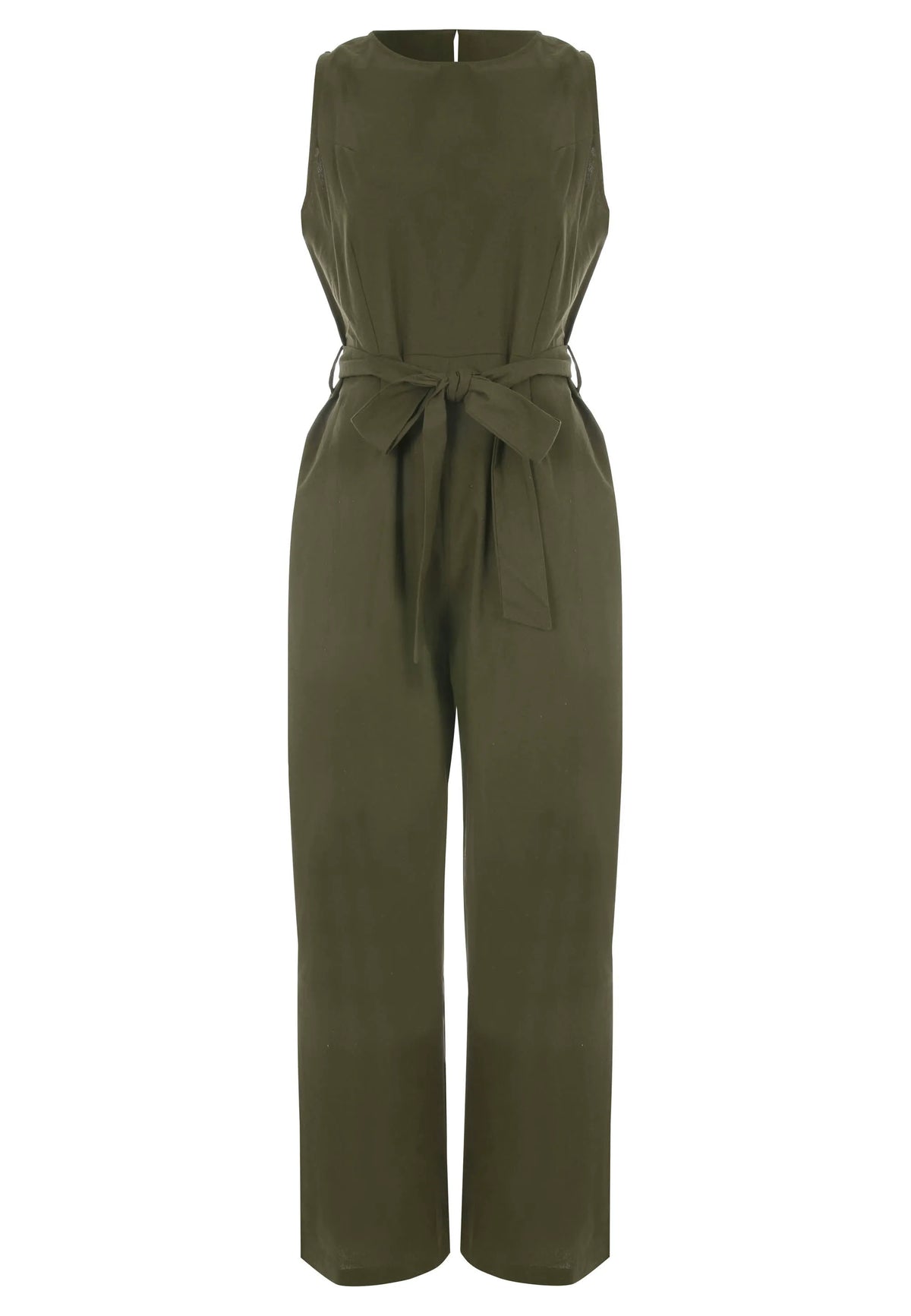 Womens Khaki Green Tie Waist Cotton Jumpsuit