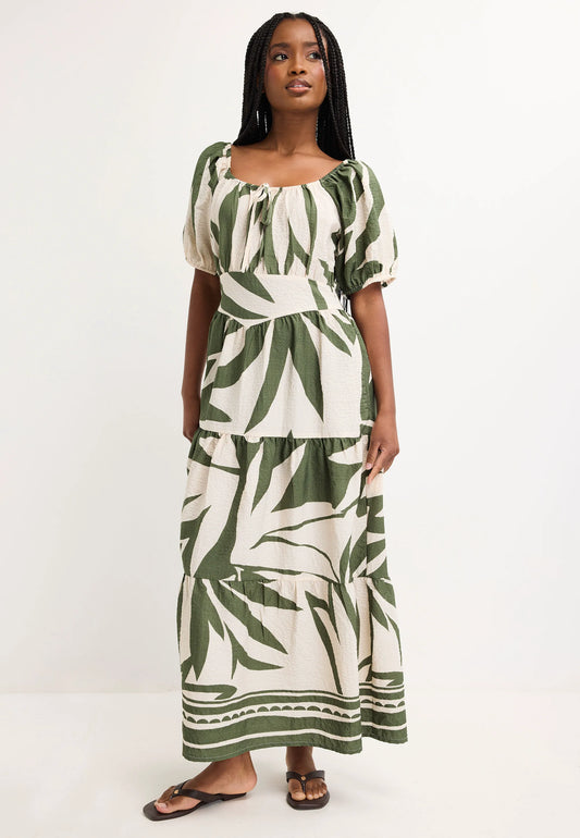 Womens Khaki Leaf Print Milkmaid Dress