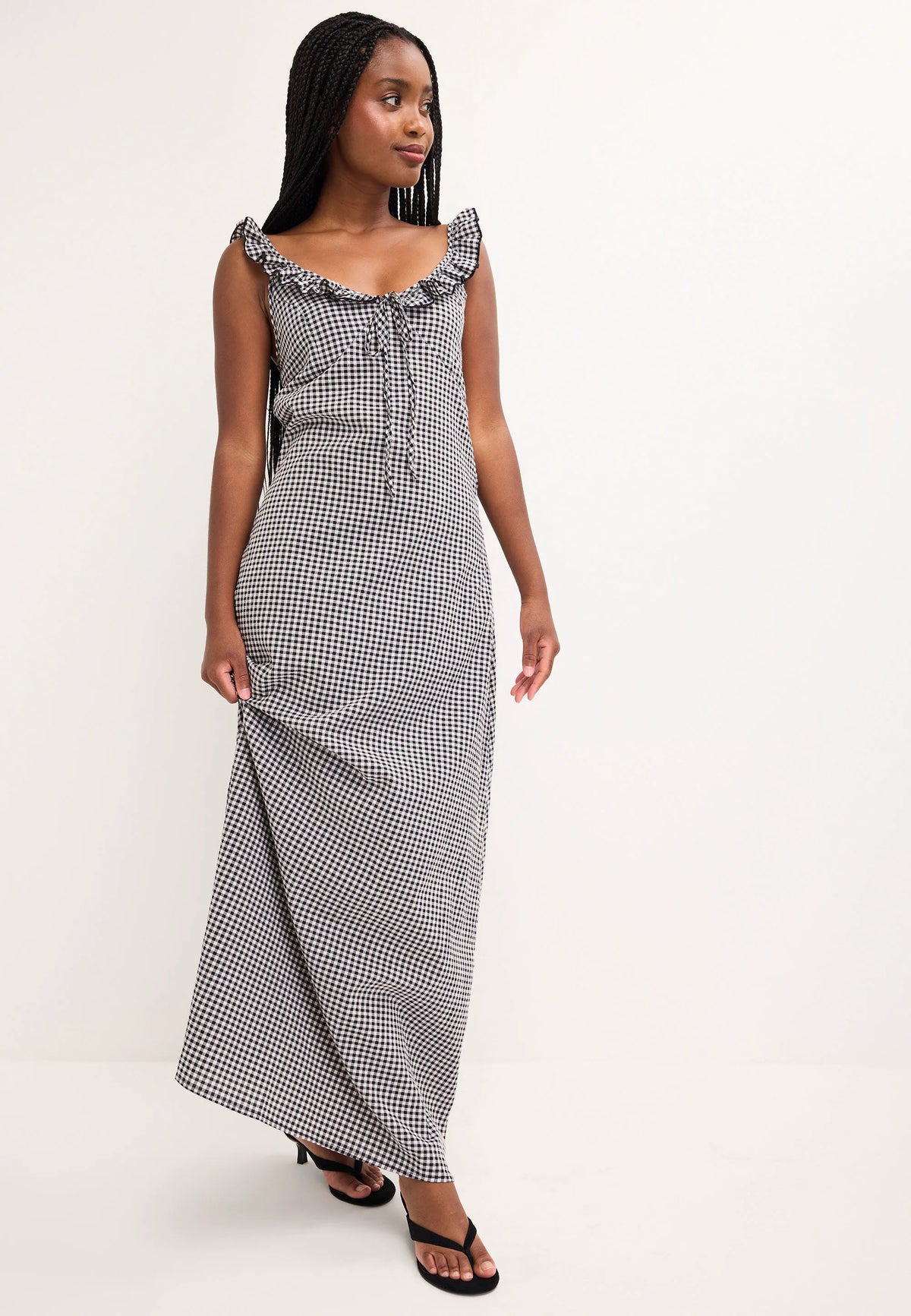 Womens Black Gingham Frill Neck Midi Dress