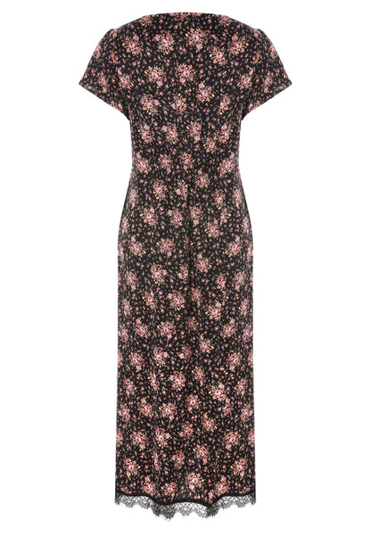Womens Black Floral V-Neck Lace Trim Dress
