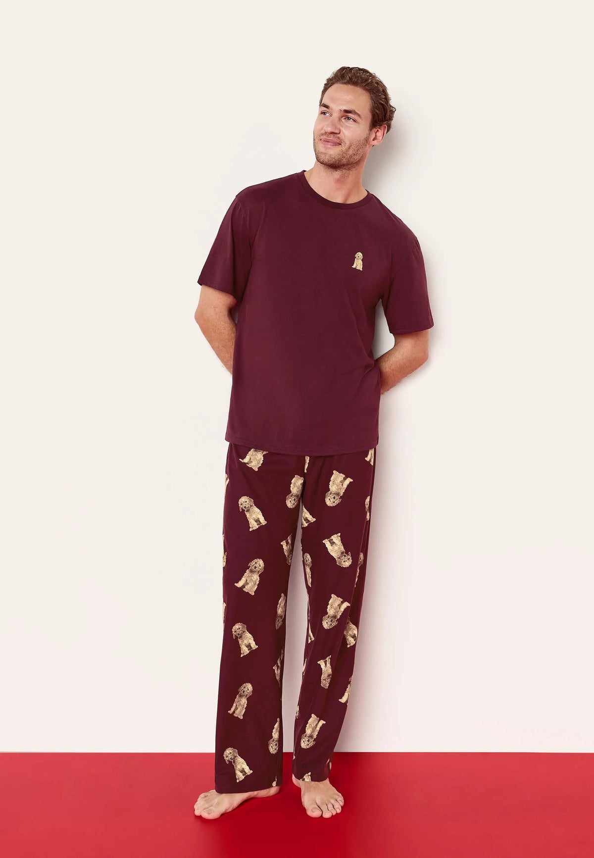 Mens Burgundy Dog Print Family Pyjama Set