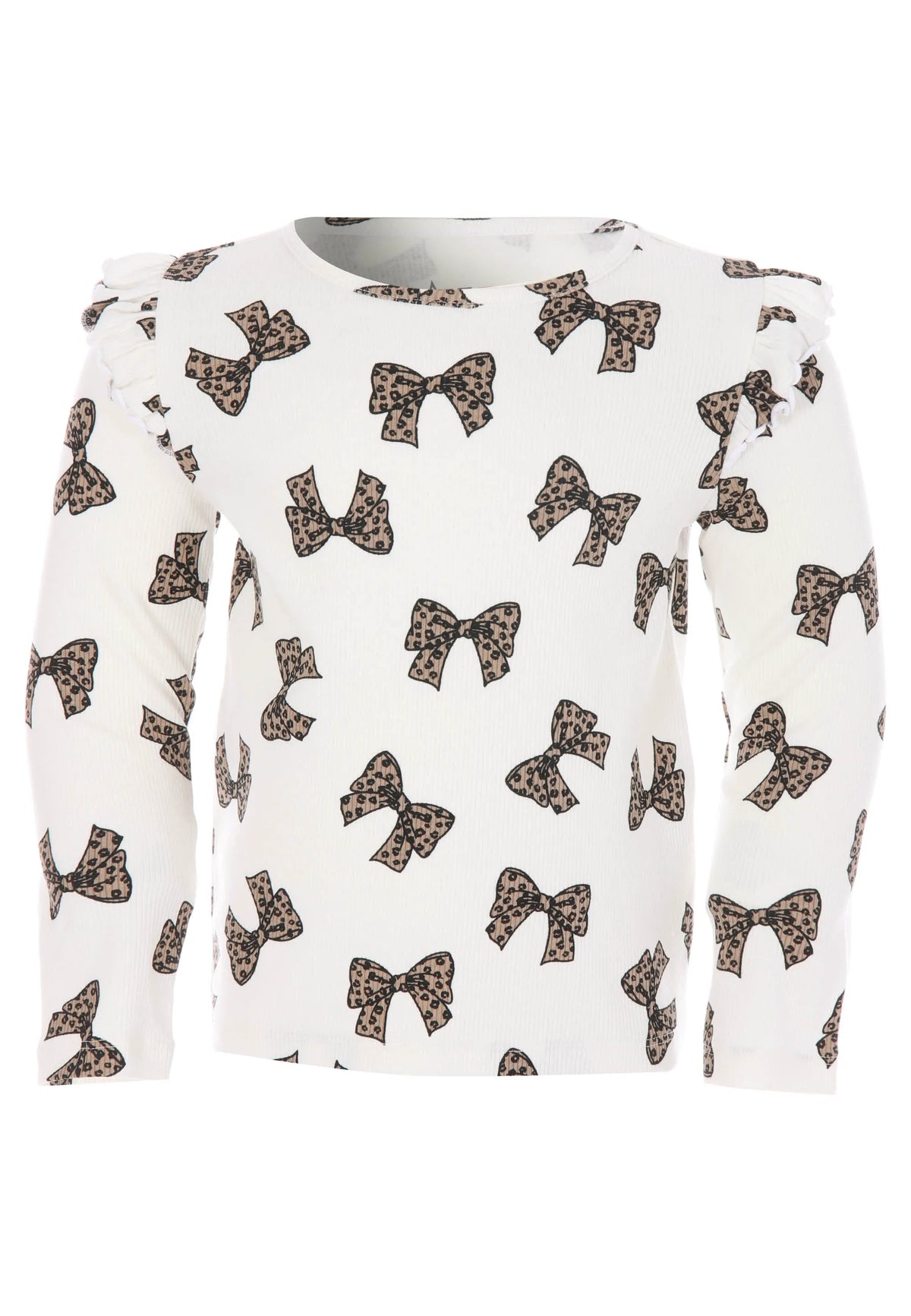 Younger Girls Cream Leopard Bow Frill Sleeve Top