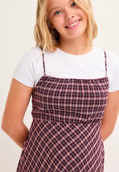 Older Girls Burgundy Check Dress & T-Shirt Set