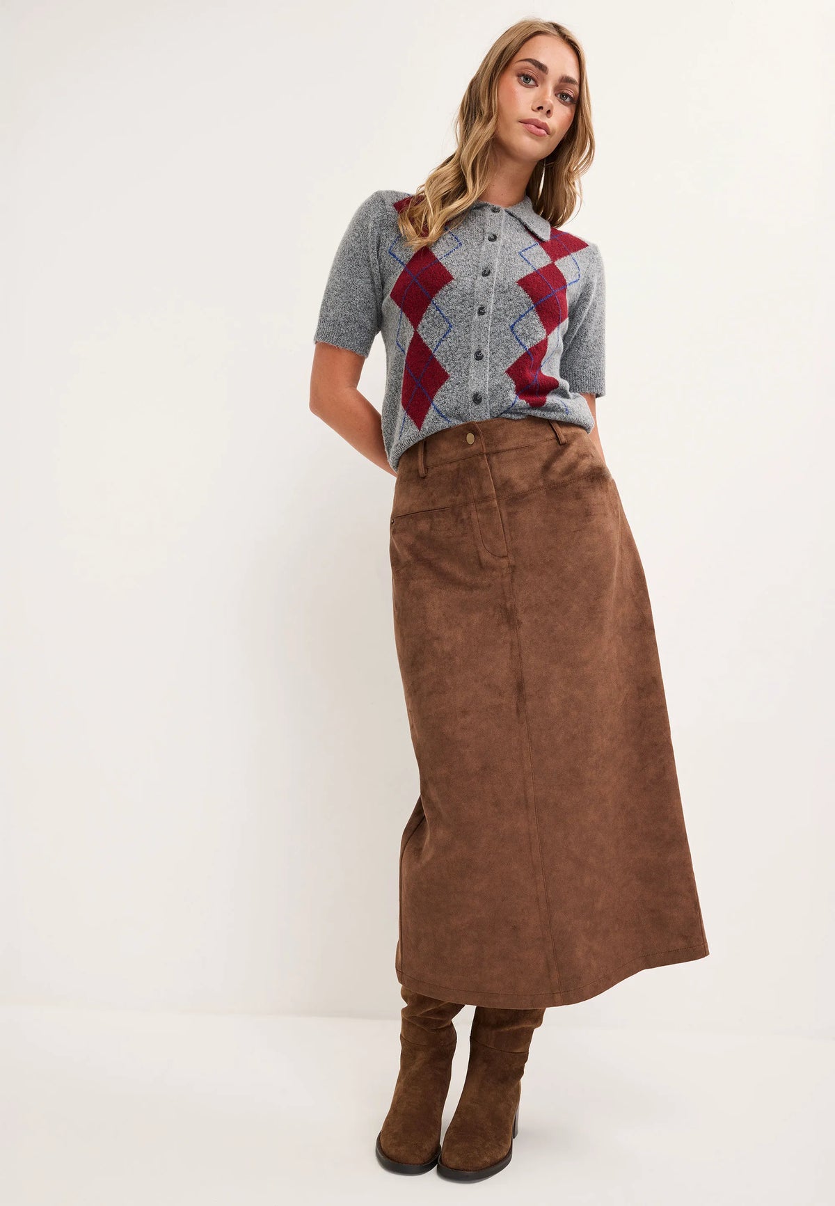 Womens Grey Argyle Collar Cardigan
