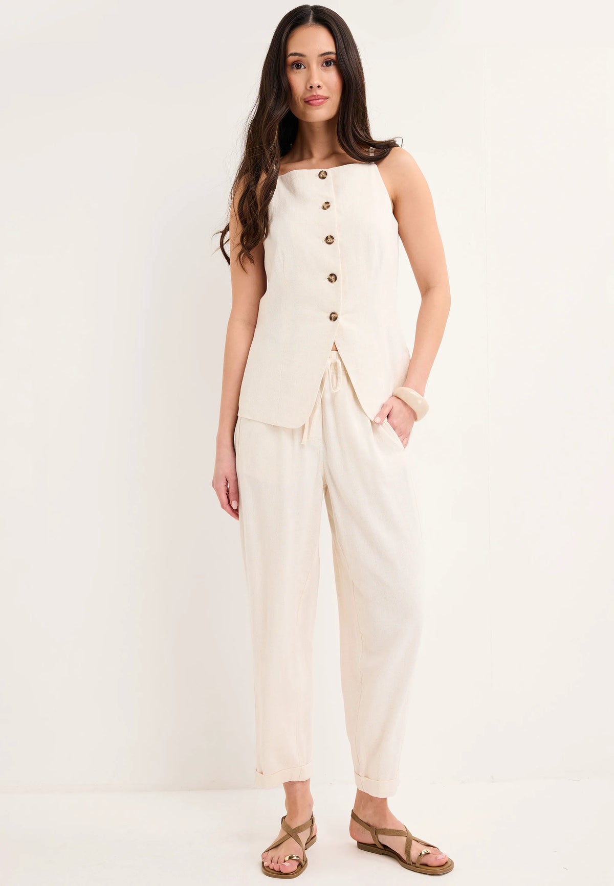 Womens Cream Linen Blend Tapered Leg Trousers