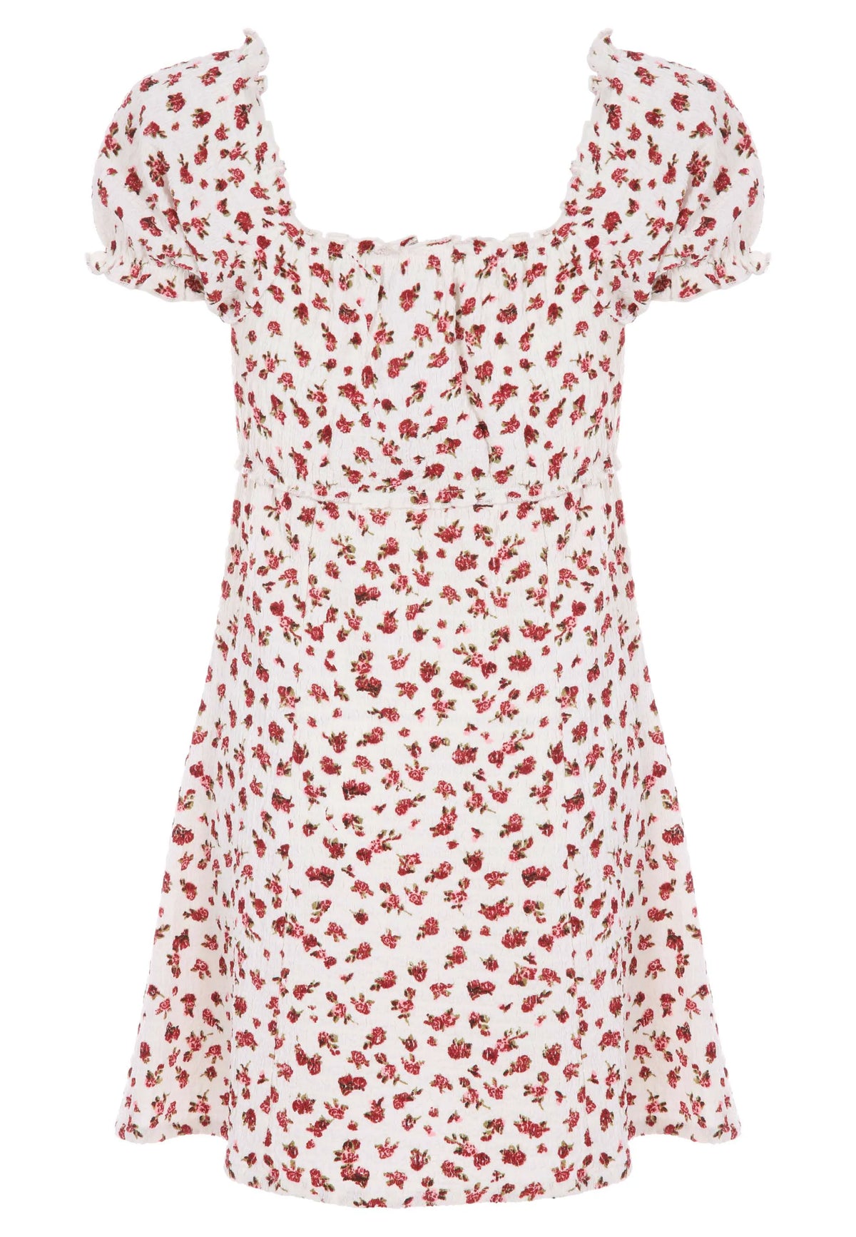 Older Girls White & Red Floral Short Sleeve Empire Dress