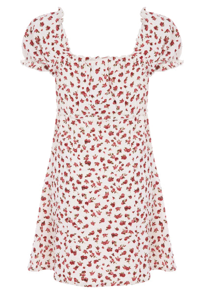 Older Girls White & Red Floral Short Sleeve Empire Dress