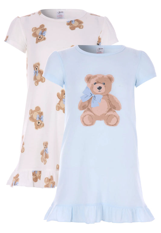 Girls 2pk Blue Teddy Bear Frill Nightdresses