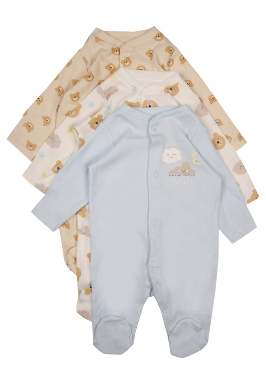 Baby Boys 3pk Neutral Bear Print Sleepsuits