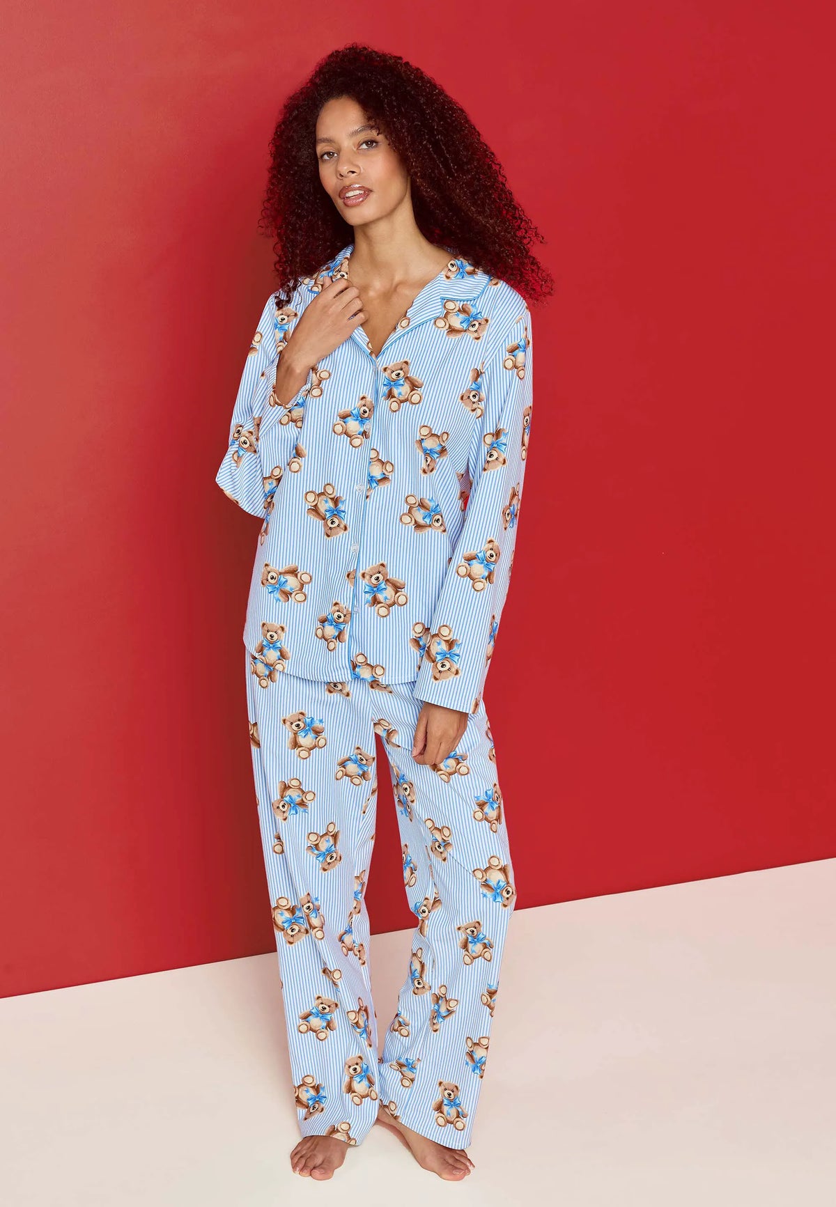 Unisex Adult Blue Stripe Bear Print Family Pyjama Set