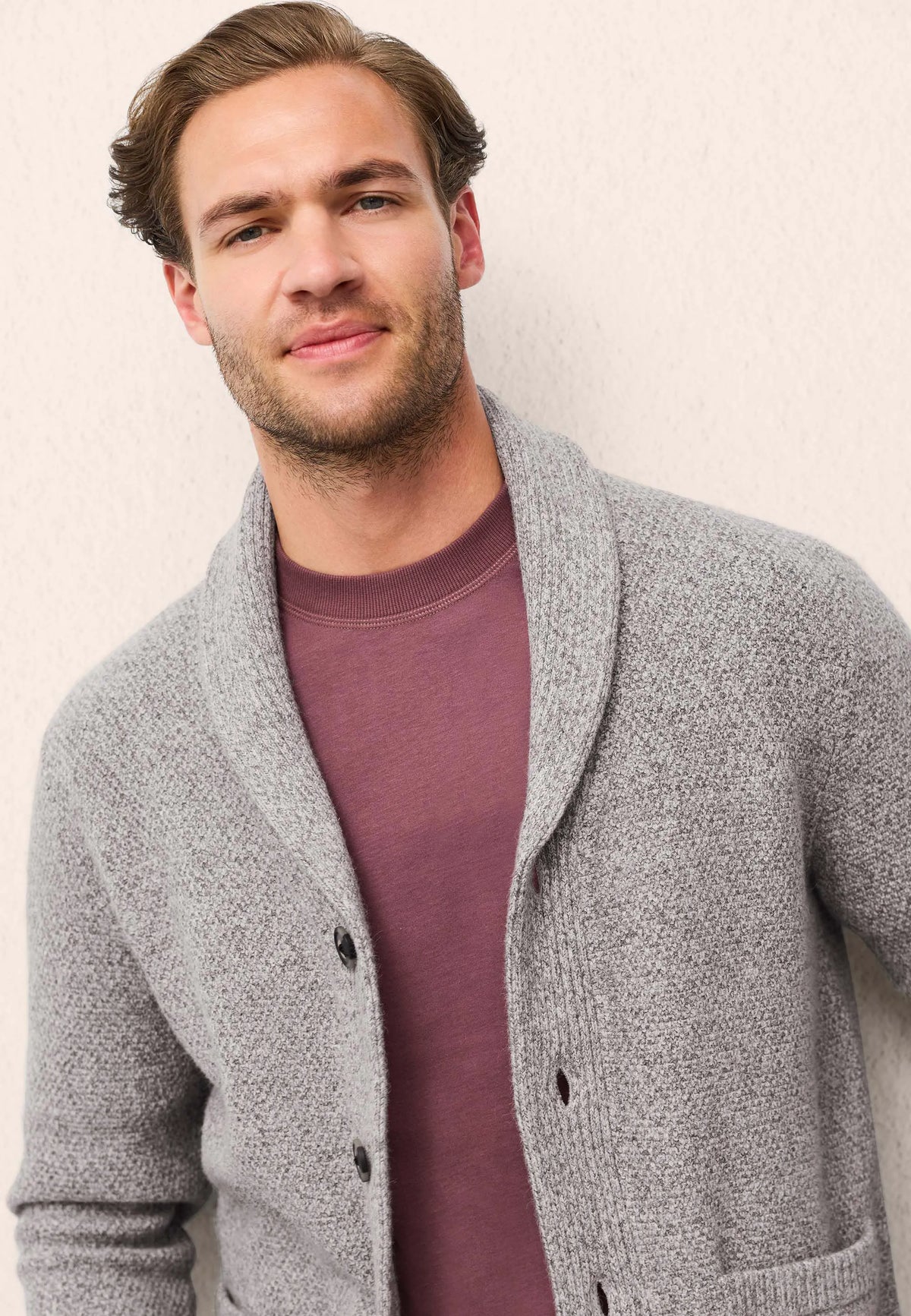 Mens Grey Shawl Collar Knit Cardigan