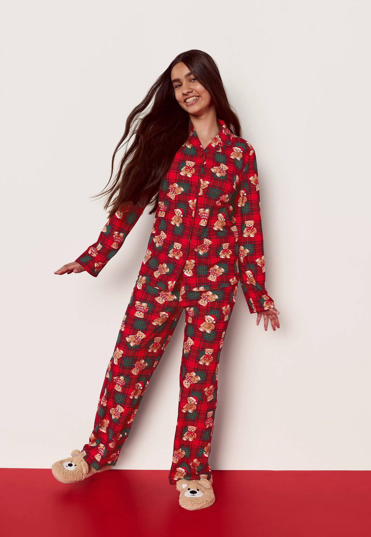 Girls Red Check Teddy Bear Family Pyjama Set