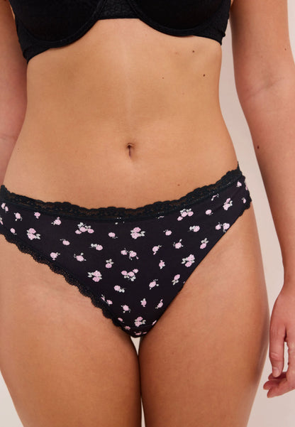 Womens 3pk Black Rose Lace Trim Thongs