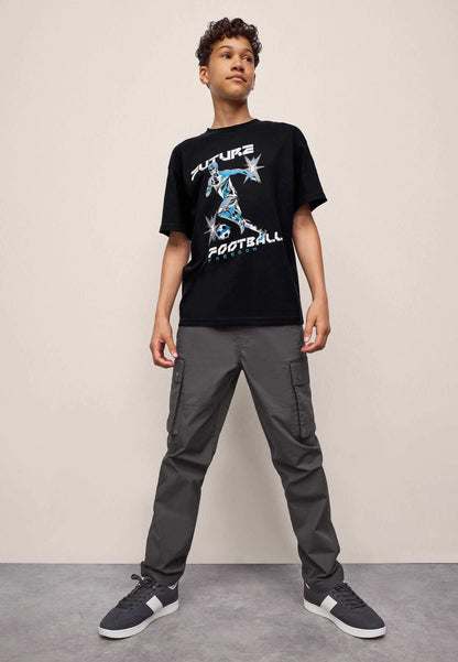 Older Boys Black Cotton Football T-Shirt