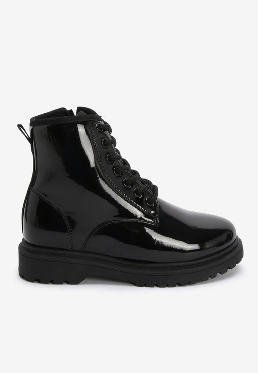 Girls Black Patent Lace Up Boots