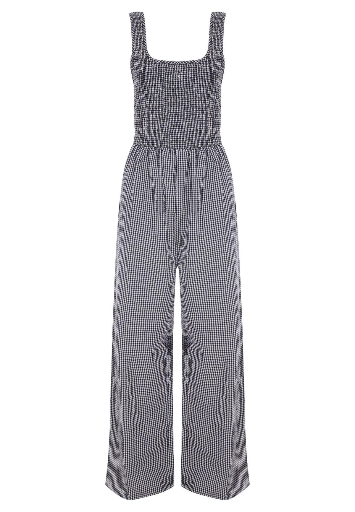 Womens Black & White Gingham Shirred Jumpsuit