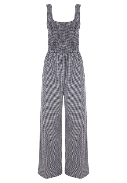 Womens Black & White Gingham Shirred Jumpsuit