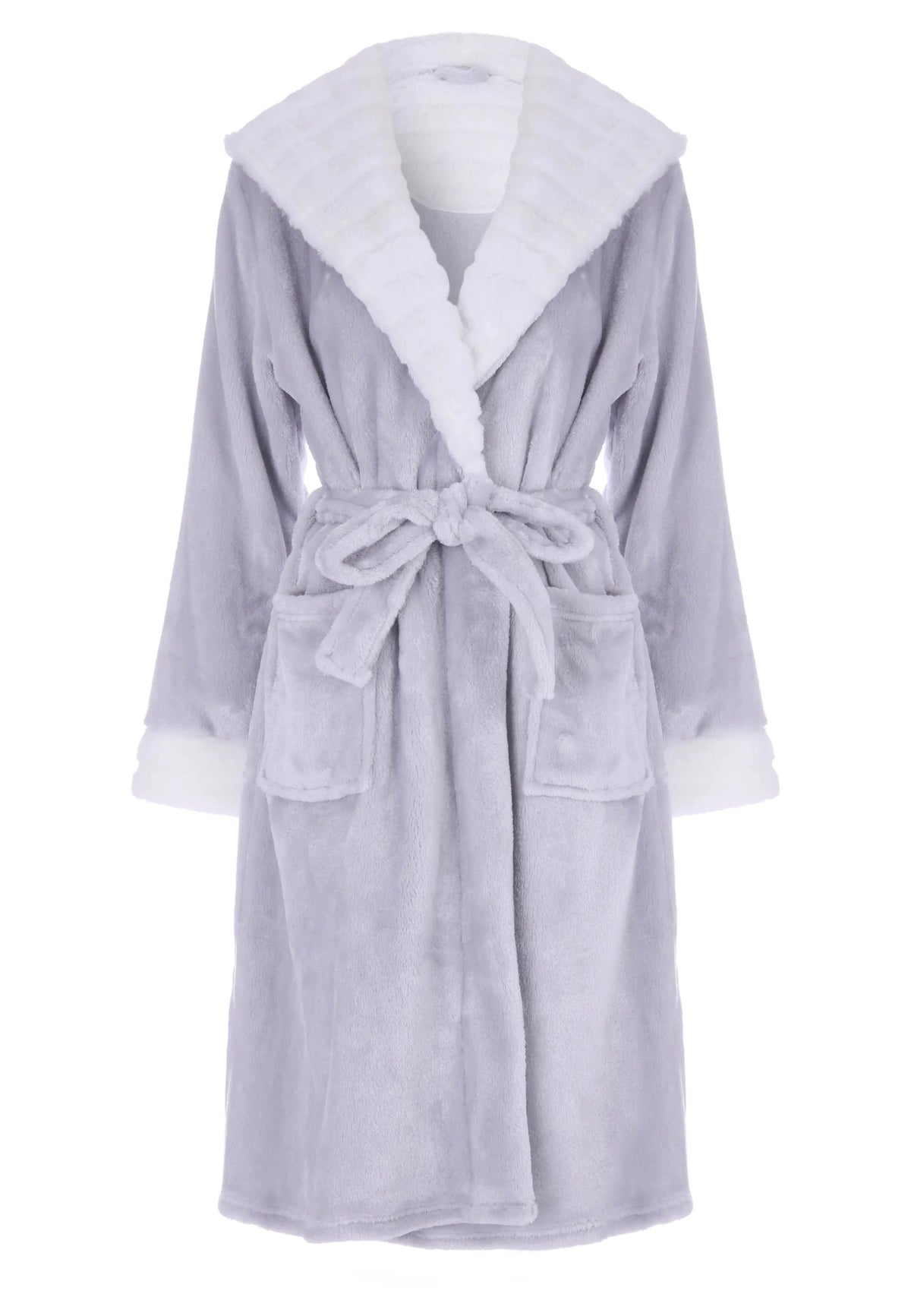 Womens Grey Sherpa Hooded Dressing Gown