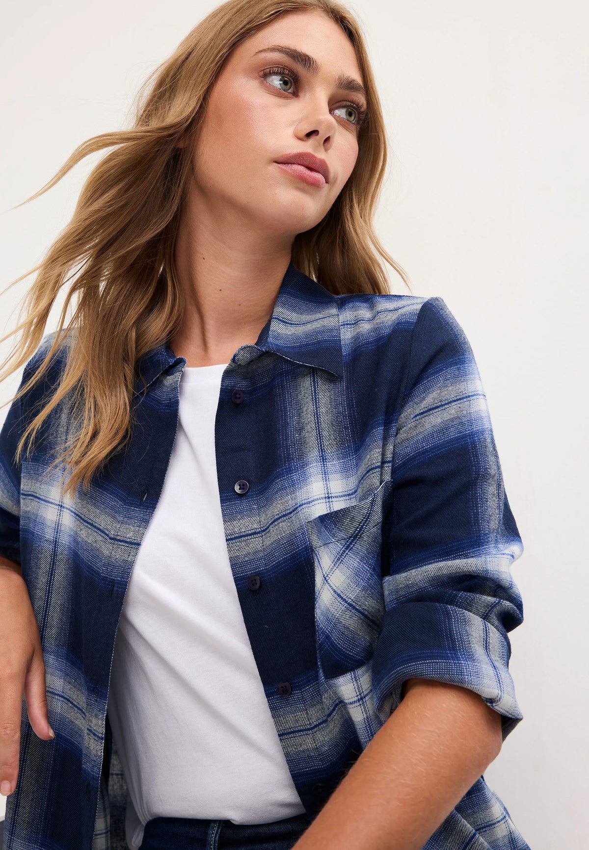 Womens Navy Long Sleeve Check Shirt
