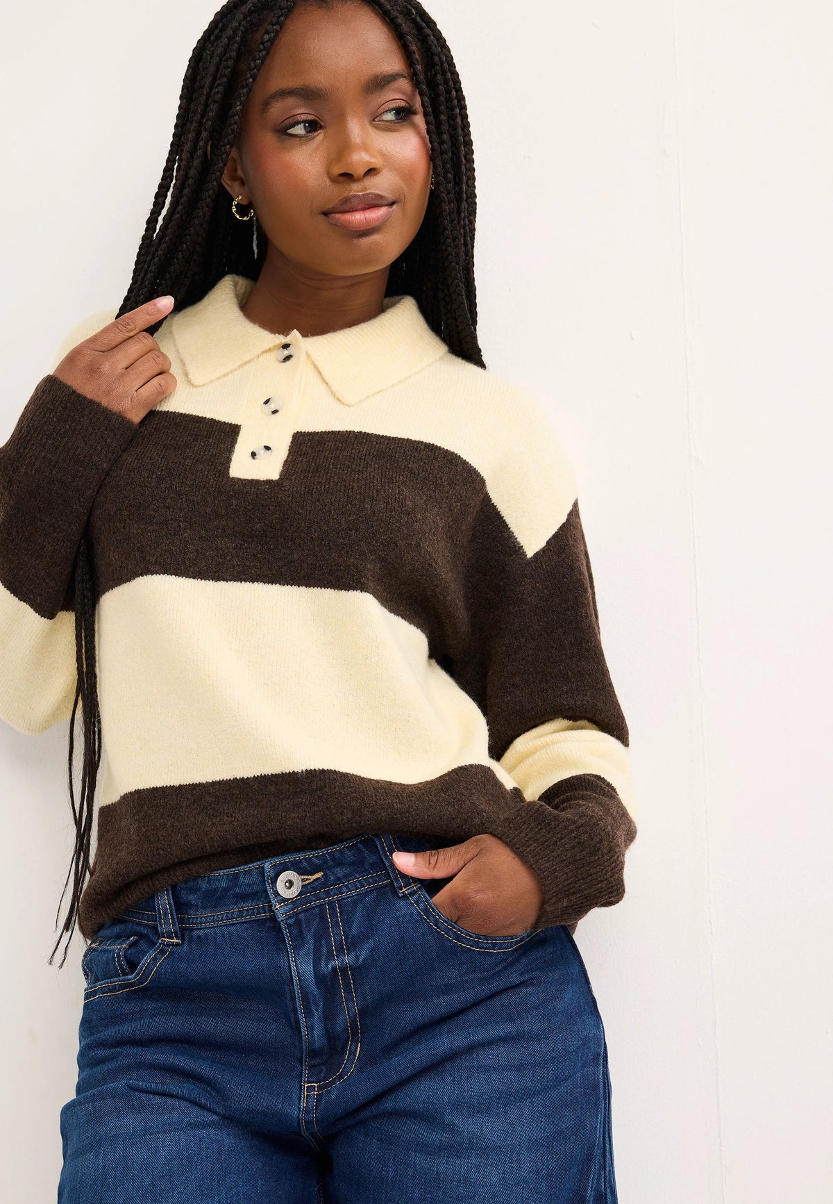 Womens Yellow & Brown Stripe Rugby Jumper