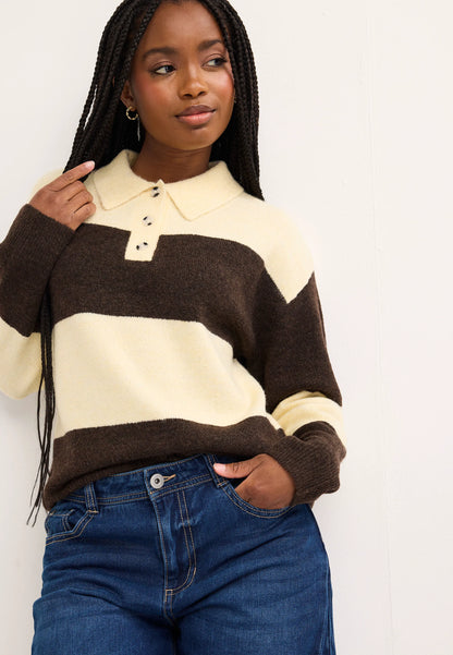 Womens Yellow & Brown Stripe Rugby Jumper