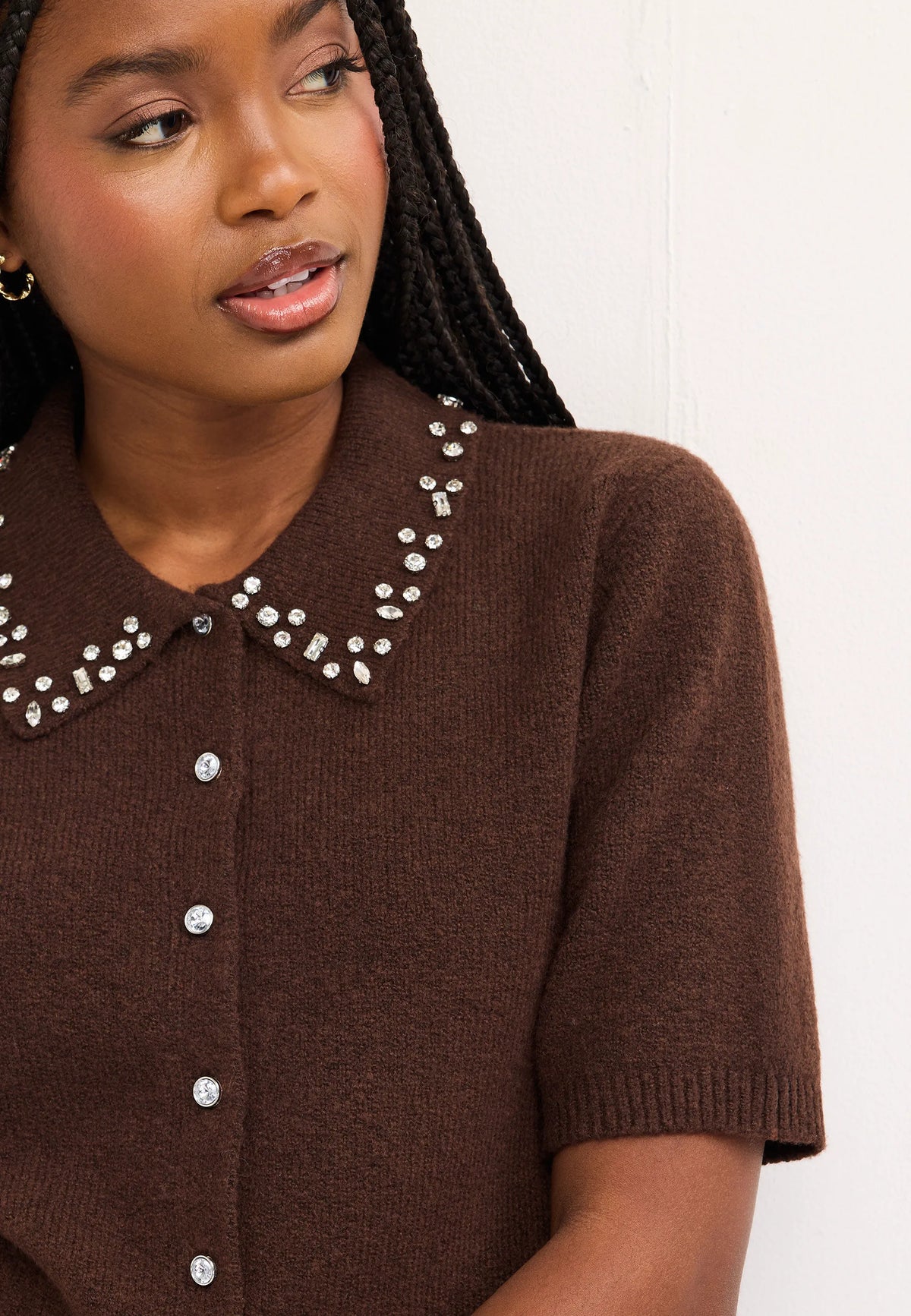 Womens Chocolate Brown Diamante Collar Cardigan