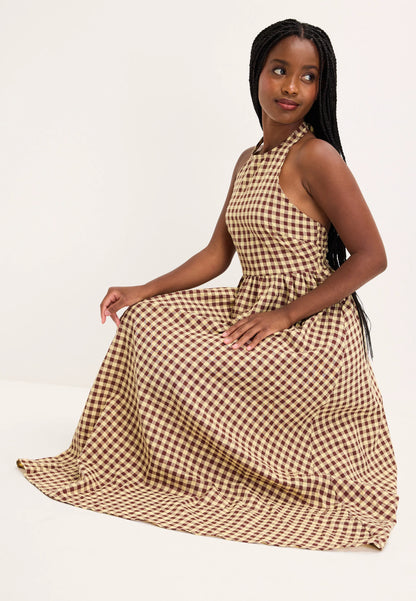 Womens Brown Gingham Halter Neck Midi Dress