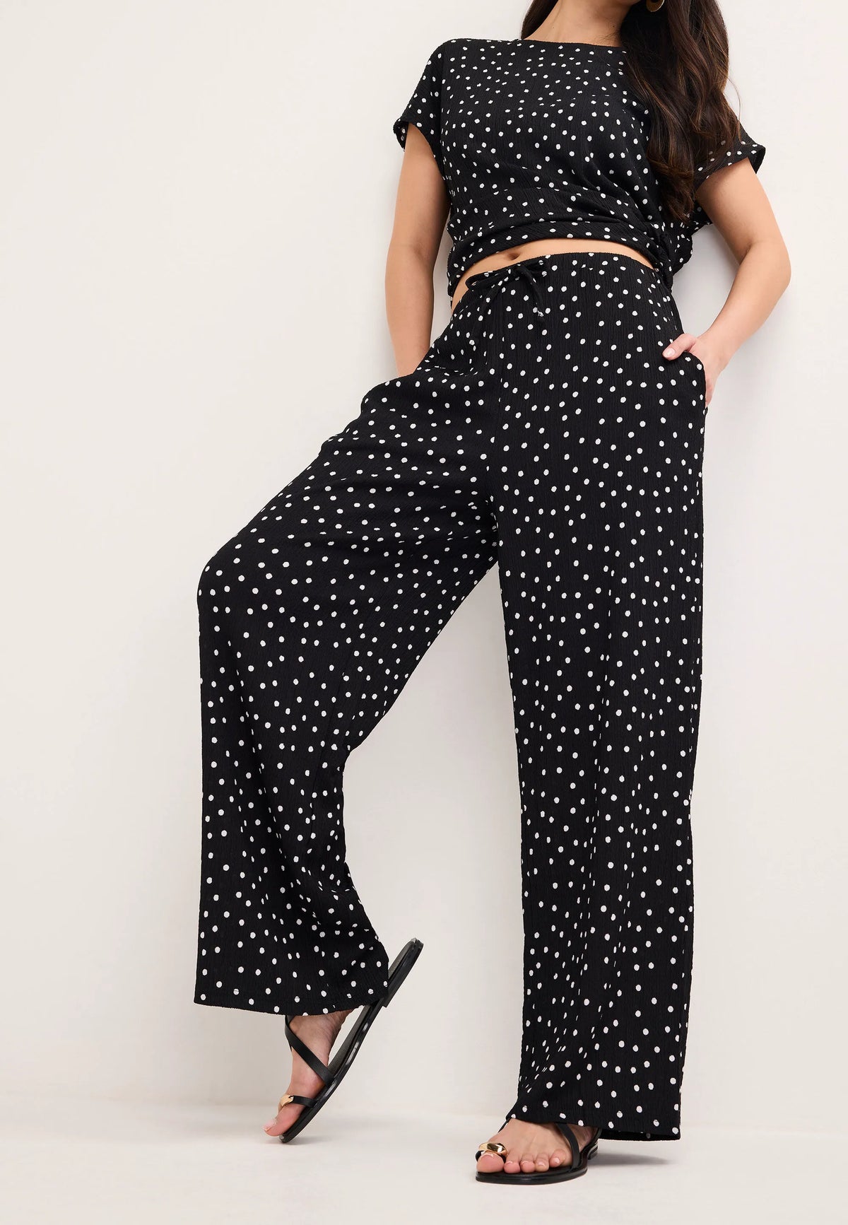 Womens Black Polka Dot Wide Leg Trouser