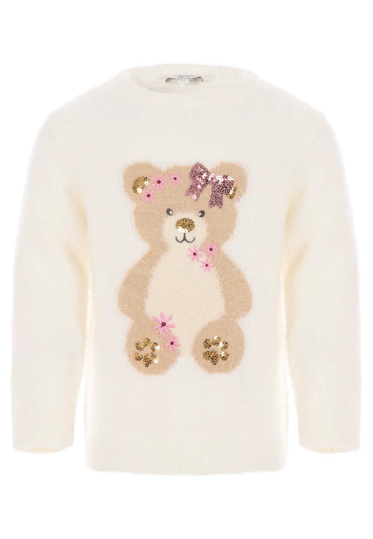 Younger Girls Cream Sequin Bear Jumper