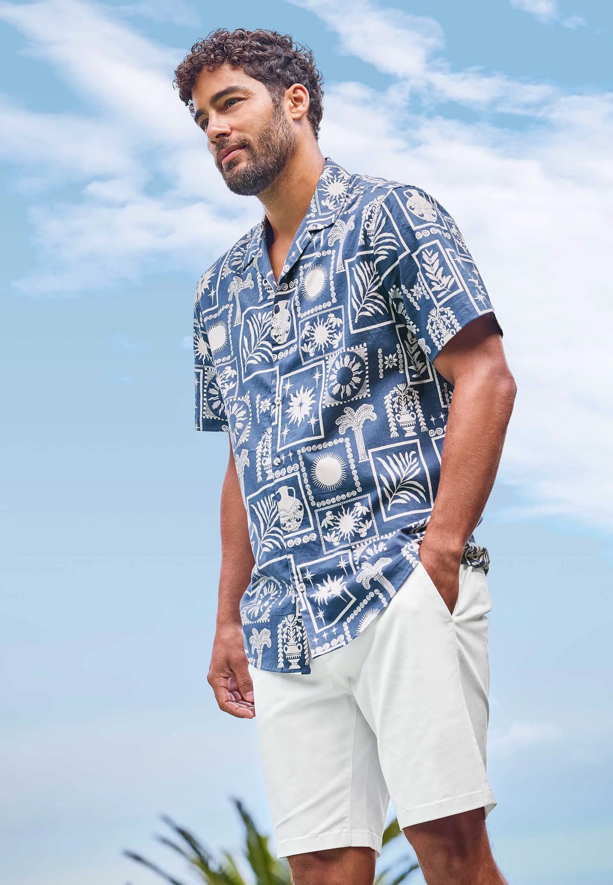 Mens Blue Tile Print Short Sleeve Shirt