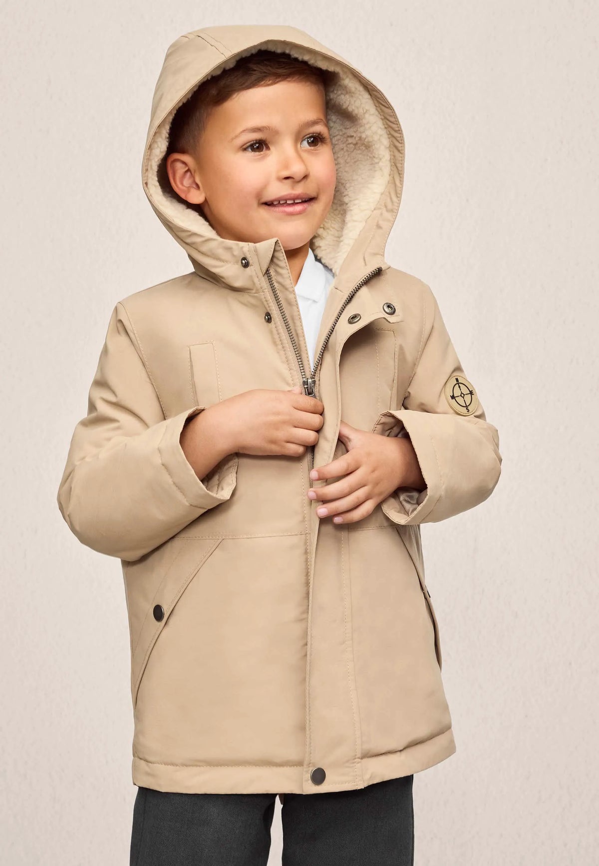 Younger Boys Stone Fleece Lined Parka Coat