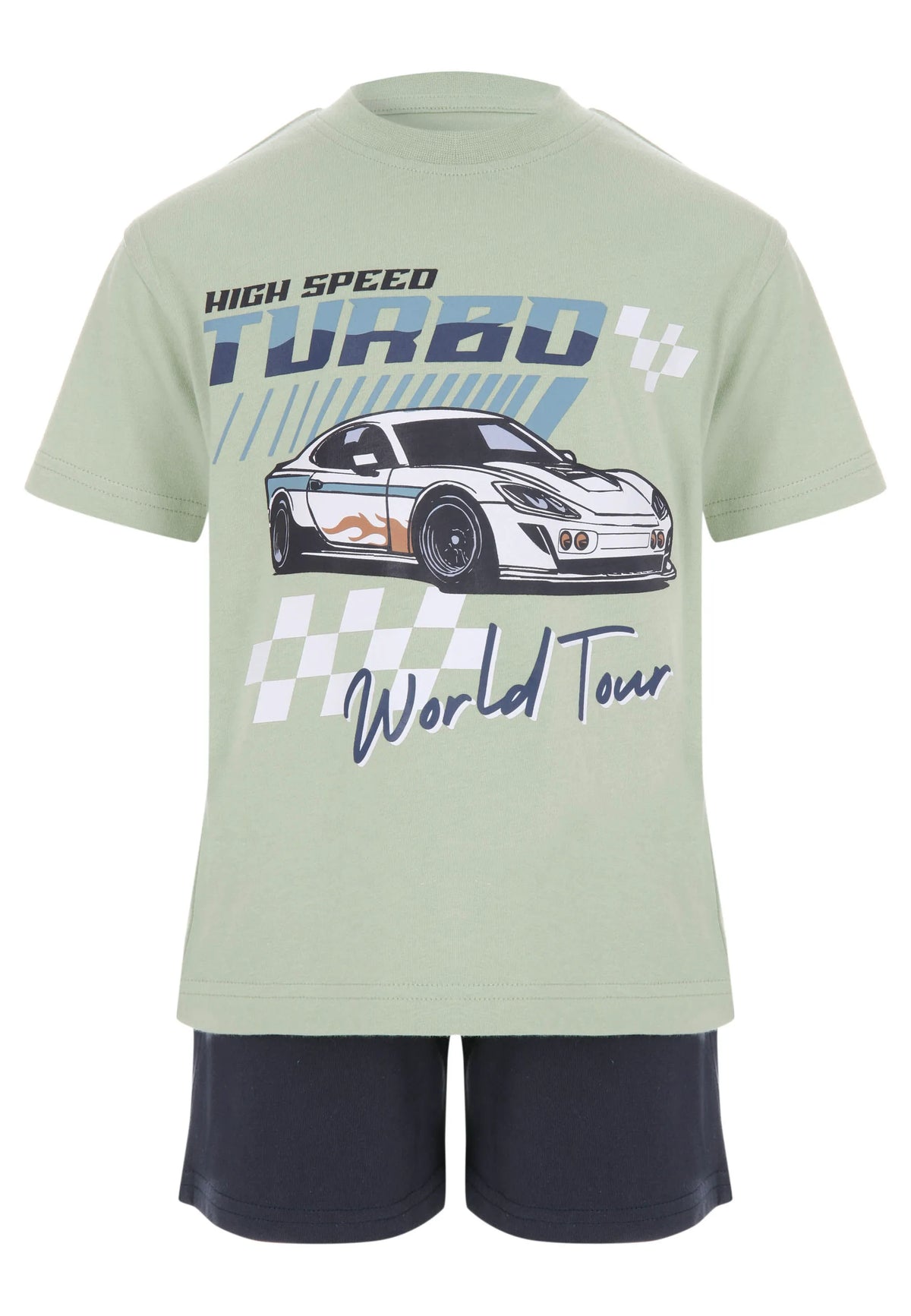 Younger Boys Green Race Car Print T-Shirt & Shorts Set