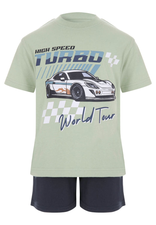 Younger Boys Green Race Car Print T-Shirt & Shorts Set