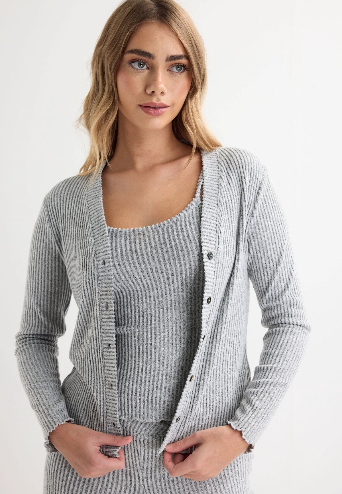 Womens Grey Ribbed Cardigan & Cami Pyjama Top Set