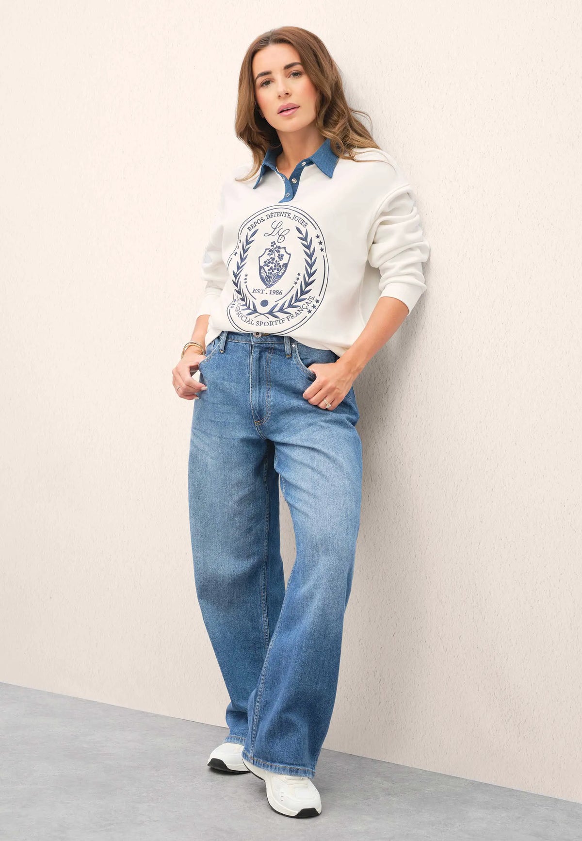 Womens Cream Denim Collar Slogan Sweatshirt