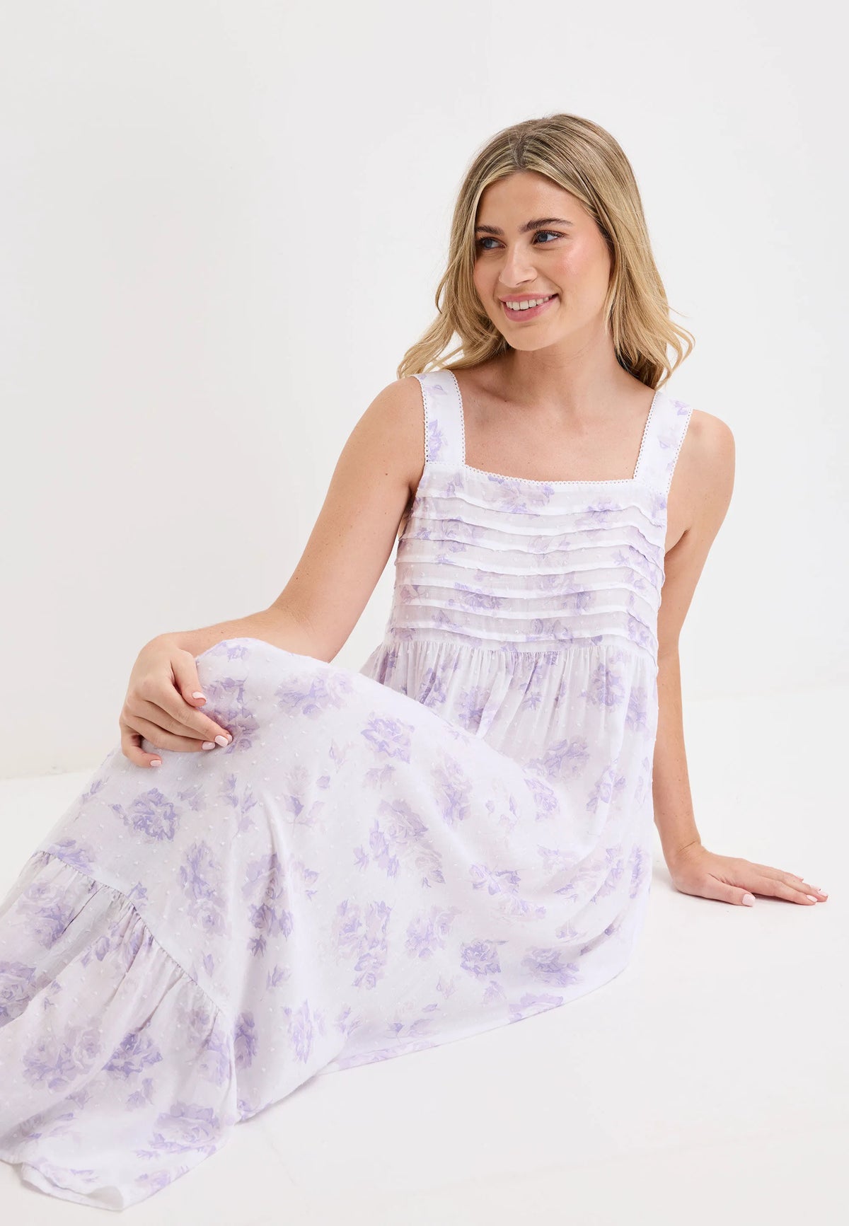 Womens Lilac Floral Pleated Chemise Nightdress
