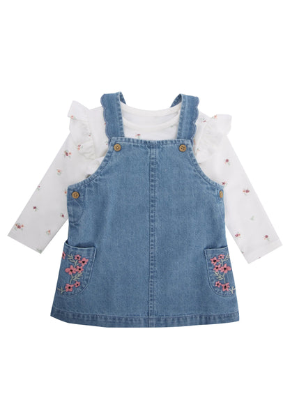 Baby Girls Blue Dungaree Dress & Floral Top Set