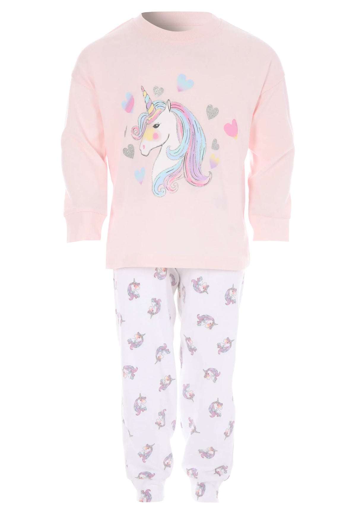 Younger Girls Pink Heart Unicorn Long Sleeve Pyjama Set