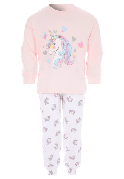 Younger Girls Pink Heart Unicorn Long Sleeve Pyjama Set