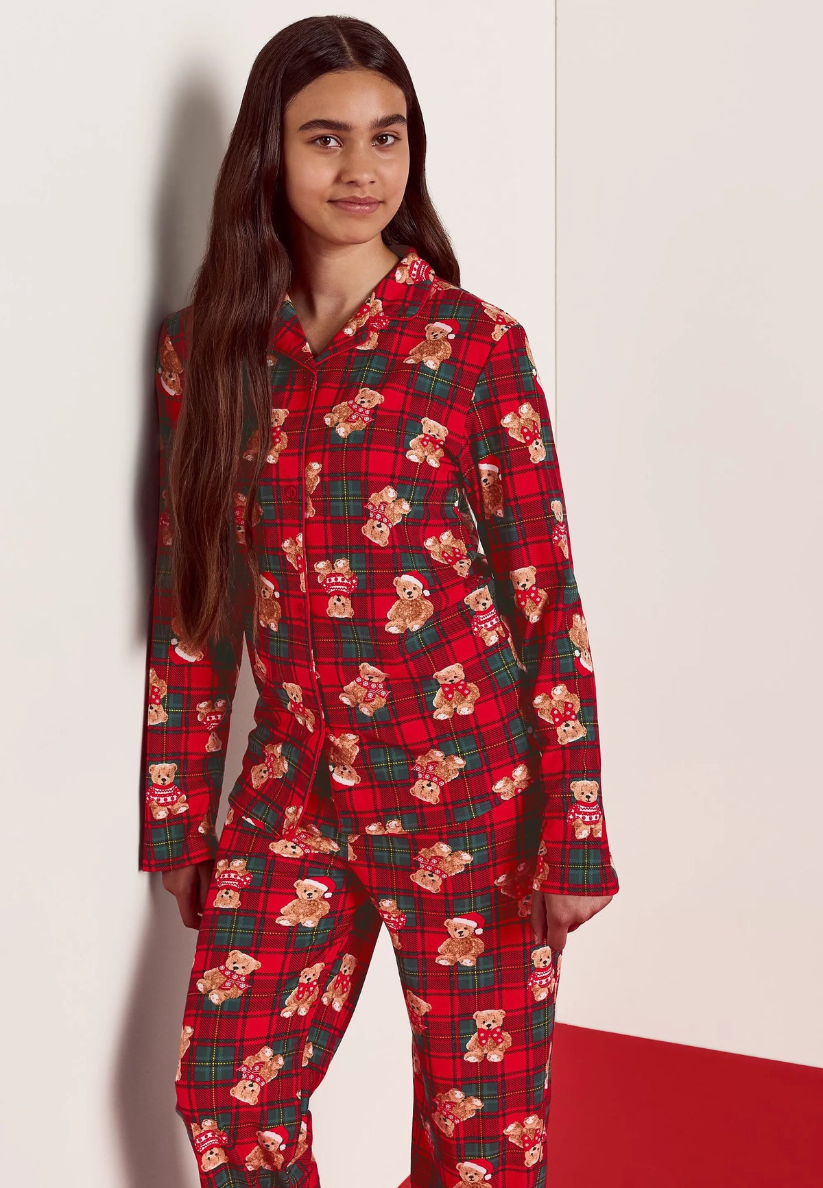 Girls Red Check Teddy Bear Family Pyjama Set