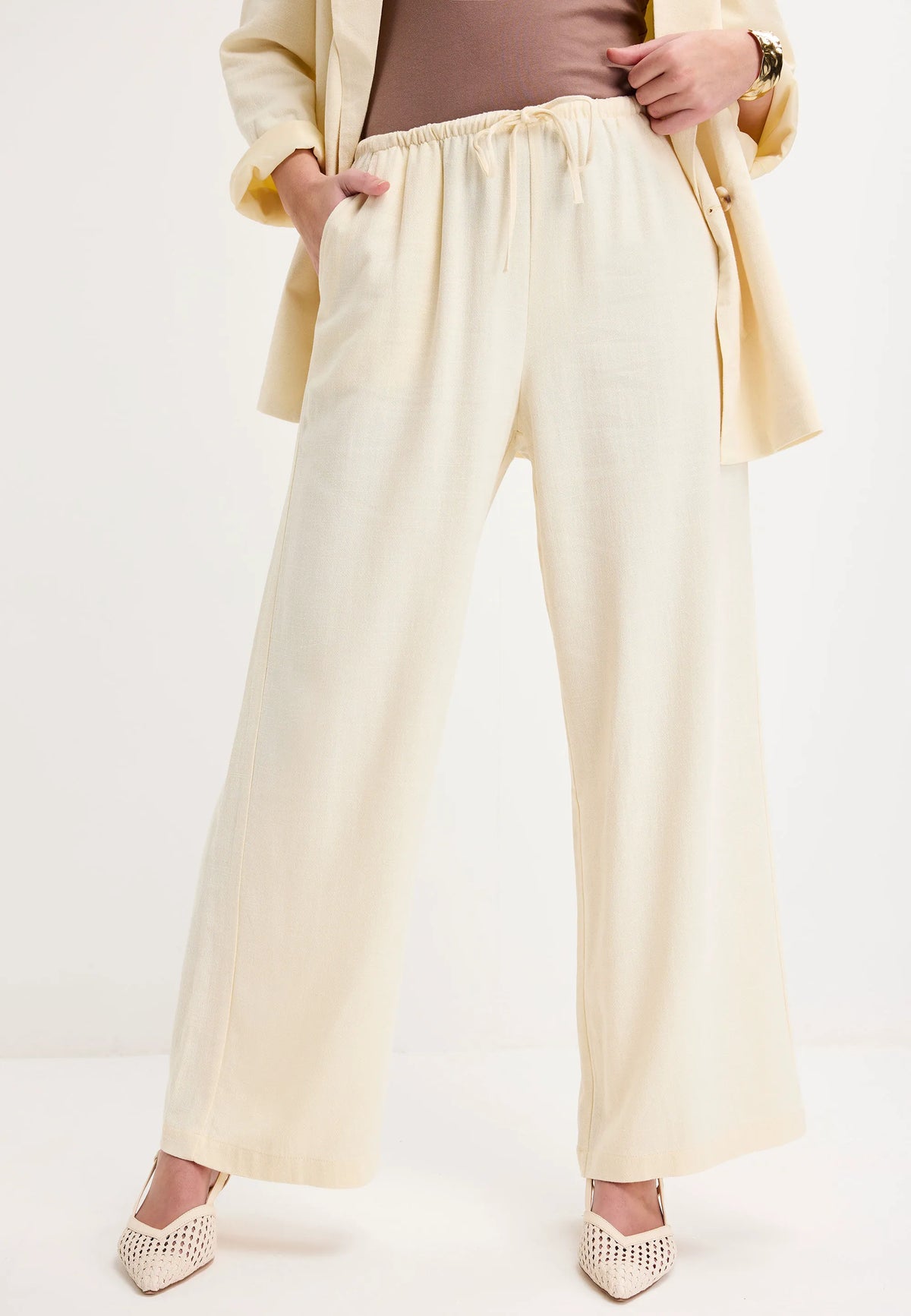 Womens Lemon Drawstring Linen Blend Trousers
