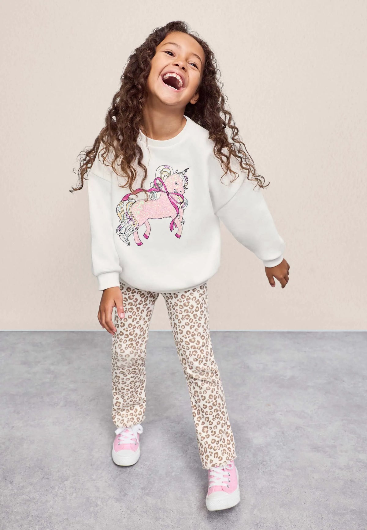 Younger Girls Cream Leopard Print Bootcut Leggings