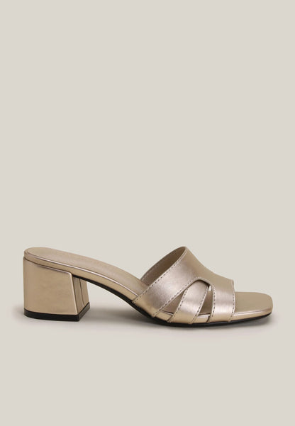 Womens Gold Geo Block Heel Mules