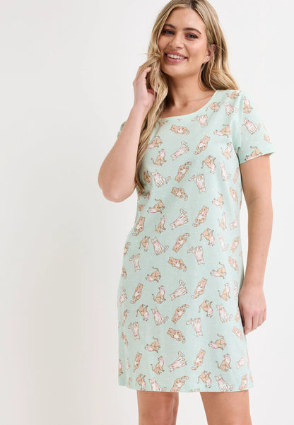 Womens Sage Cat Print Cotton Nightdress