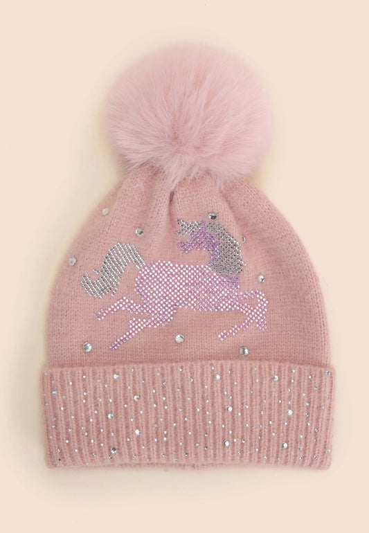 Younger Girls Pink Diamante Unicorn Bobble Hat
