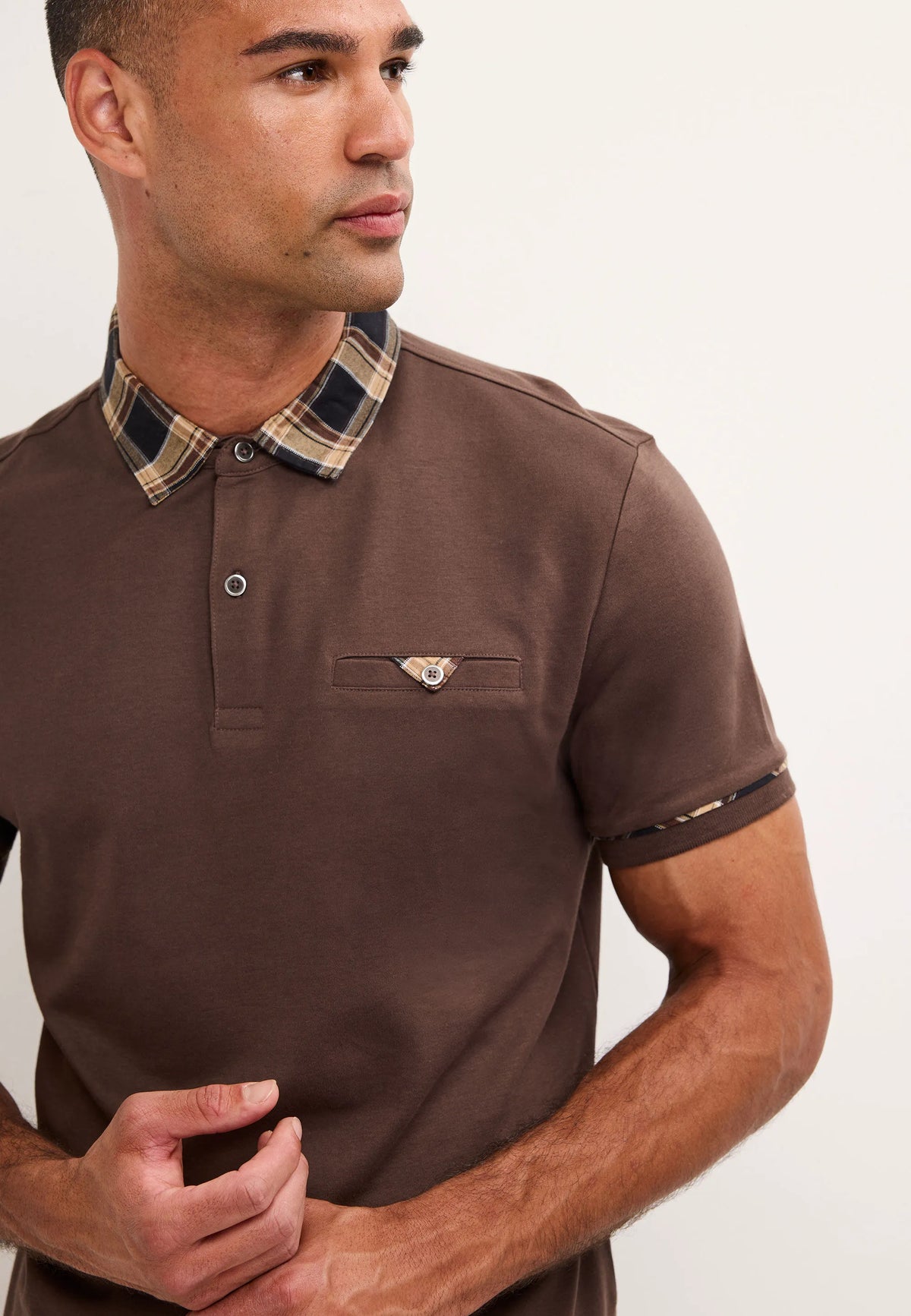 Mens Brown Woven Check Collar Polo Shirt