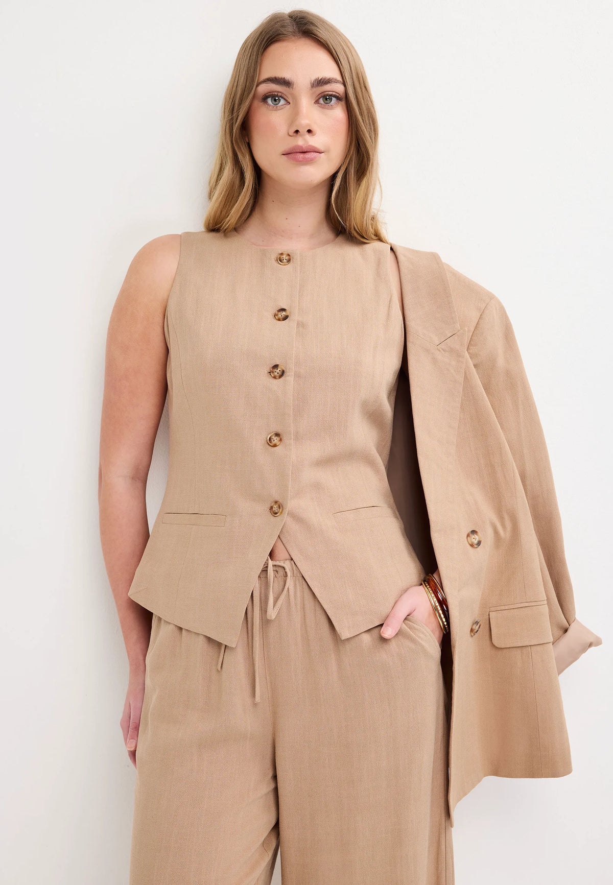 Womens Camel Round Neck Waistcoat