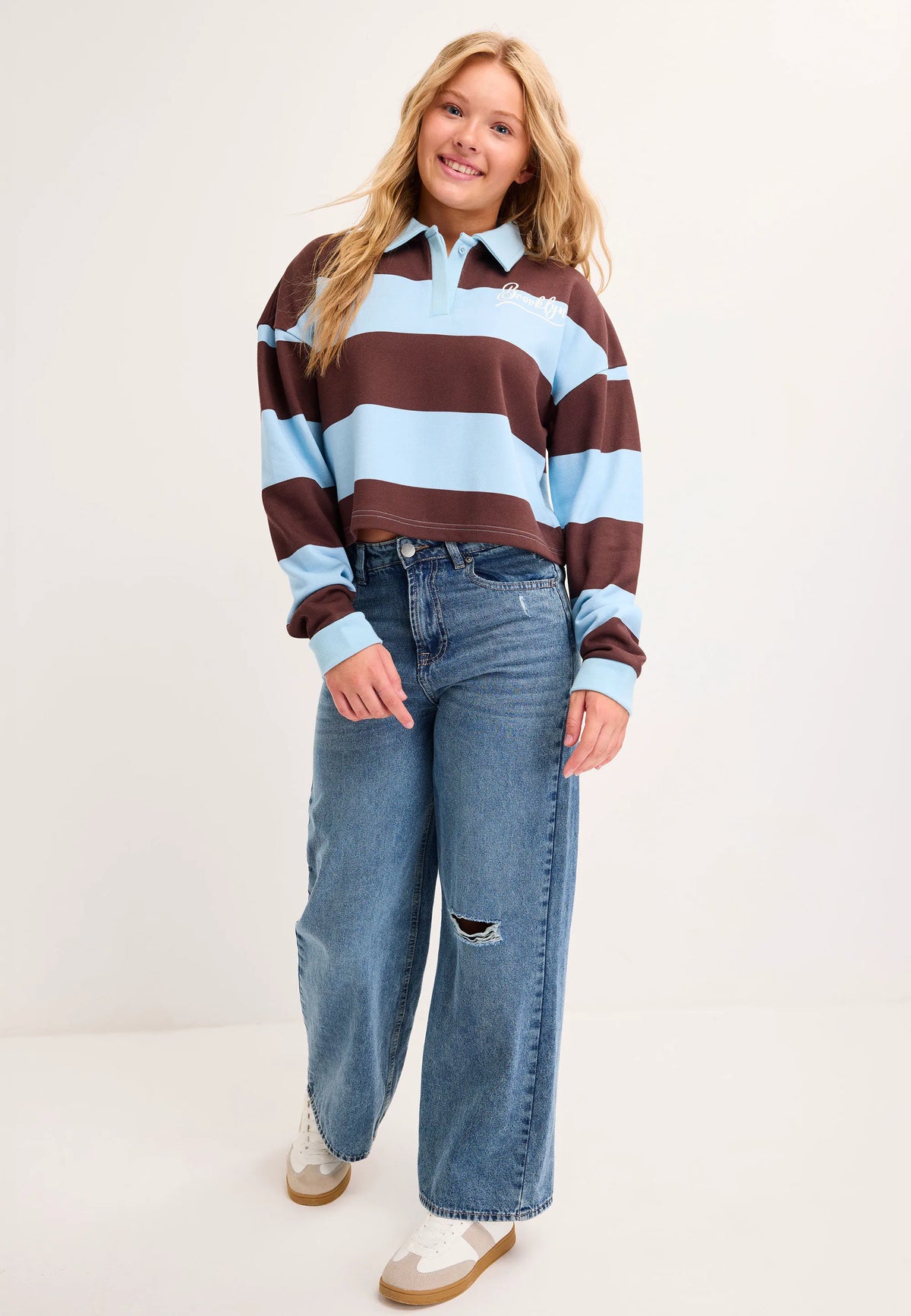 Older Girls Blue Stripe Rugby Sweatshirt Top