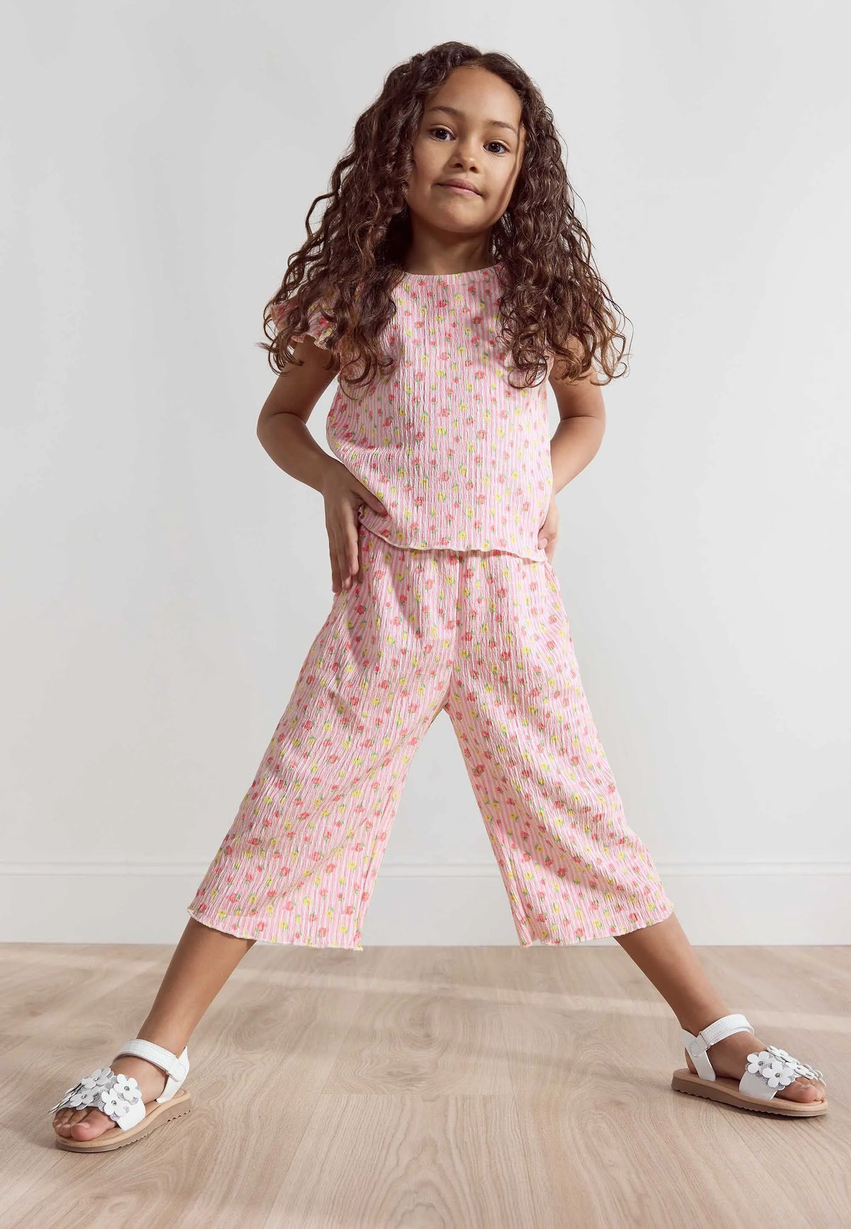 Younger Girls Pink Floral Print Top and Culottes Set