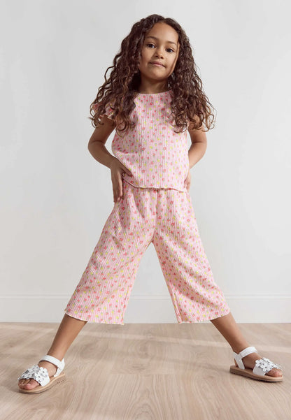 Younger Girls Pink Floral Print Top and Culottes Set